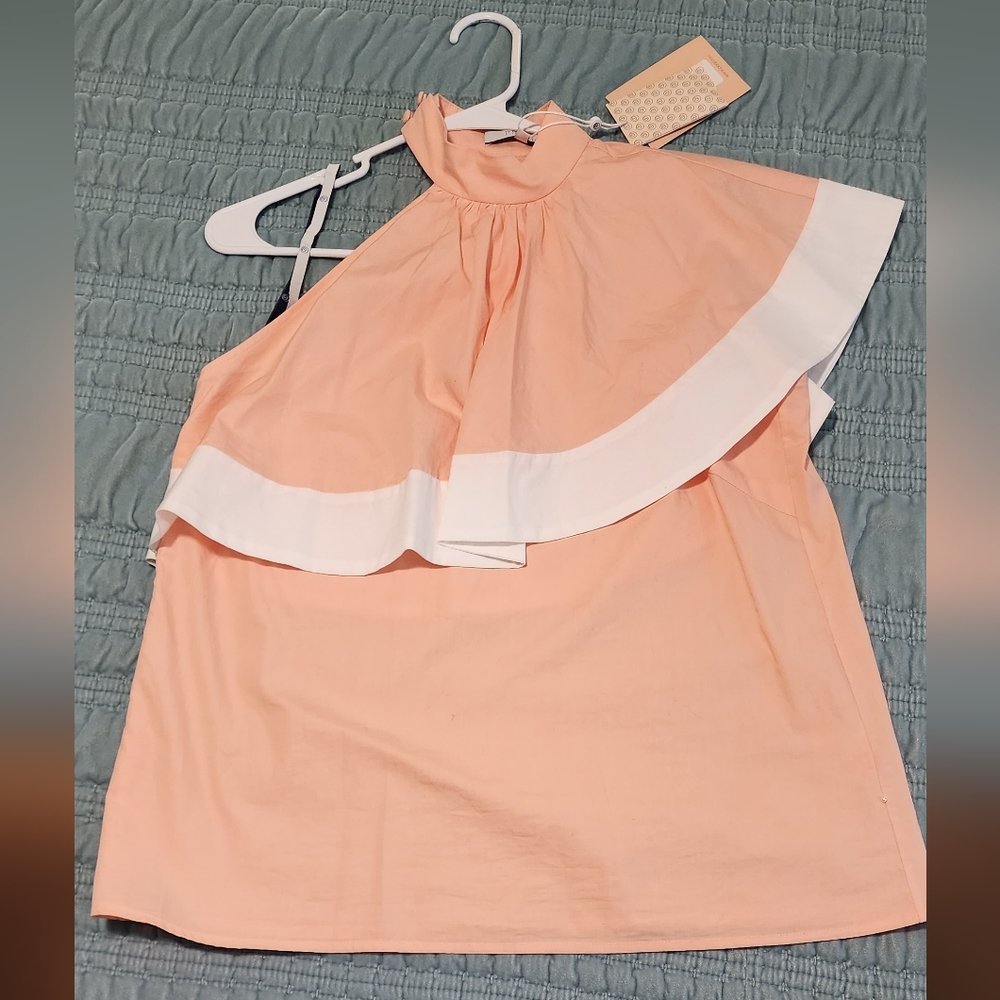 NWT Pearl by Lela Rose Cotton Asymmetrical Ruffle Detail Top Size Small